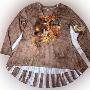 ONE WORLD Brown and Yellow Graphic Top